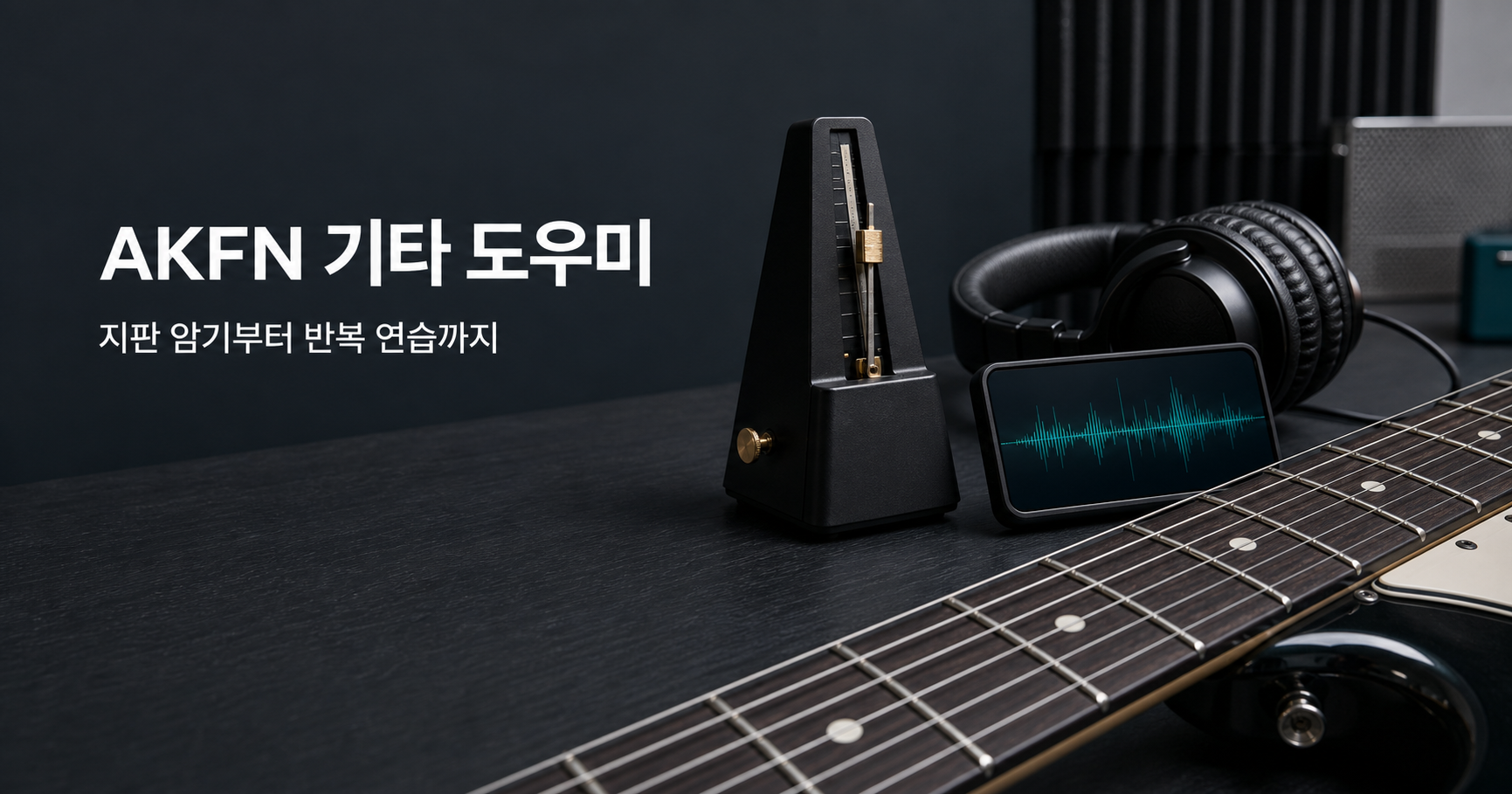 기타 지판, 메트로놈, 헤드폰과 오디오 파형이 놓인 연습 공간